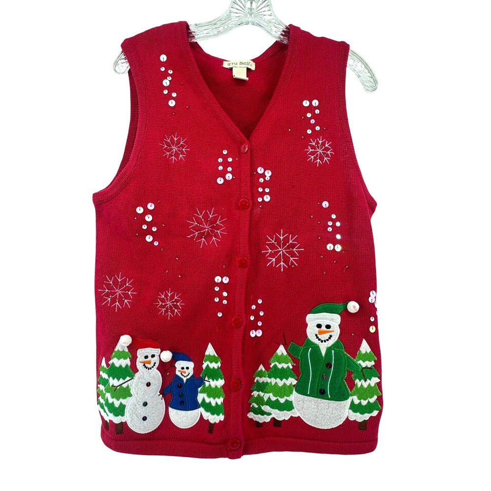 Tru Self Womens Red Christmas Snowman Sequin Sweater Vest Large Holiday V-Neck
